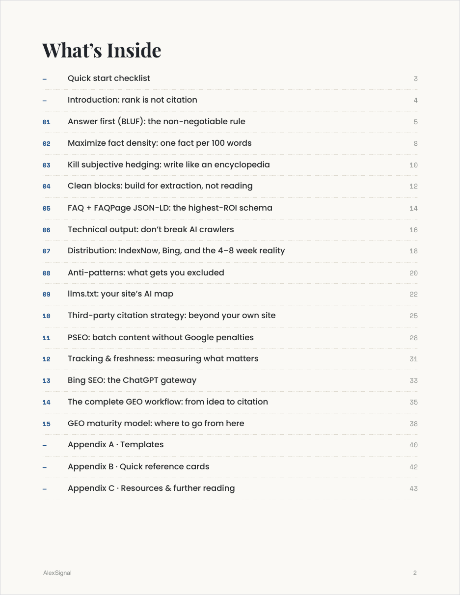 GEO Cold Start — table of contents