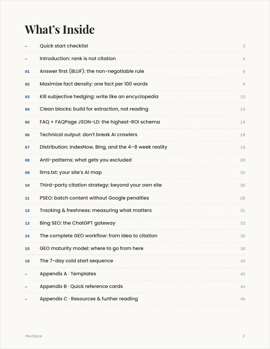 GEO Cold Start — table of contents